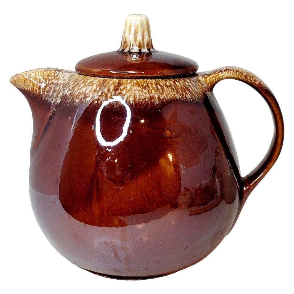 Vintage Hull Pottery Brown Drip Ball Shaped Tea Pot &‎ Lid Oven Proof USA 6 3/4"